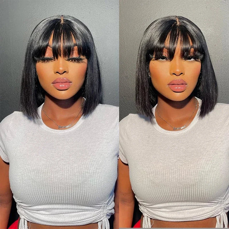 10 16Inch Short Bone Straight Human Hair Wigs With Bangs 3x2 Middle Part Lace Wig Short Bob Glueless Wig 200% Density For Women