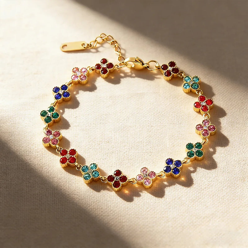 Stainless Steel Colorful Cubic Zirconia Flower Cover Bracelet Adjustable Four - Leaf Clover CZ Stone - Visuel 4 | SAMAG