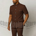 Men's Grey Mandarin Collar Suit Set Short Sleeves Multi-Pocket Jacket and Trousers Fashion Formal Smart Casual Wedding Suits