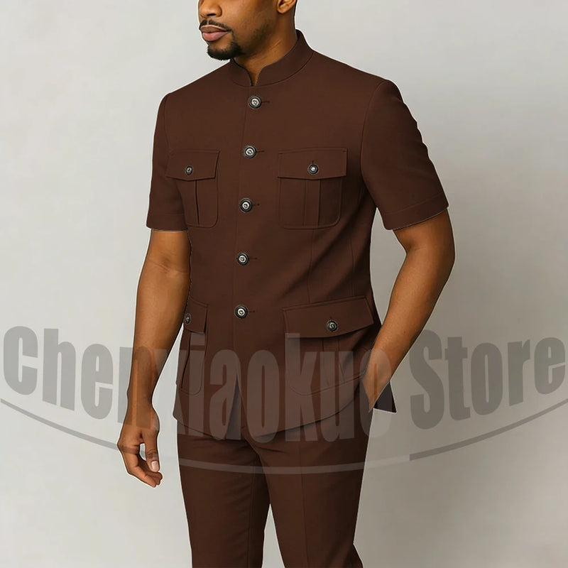 Men's Grey Mandarin Collar Suit Set Short Sleeves Multi-Pocket Jacket and Trousers Fashion Formal Smart Casual Wedding Suits