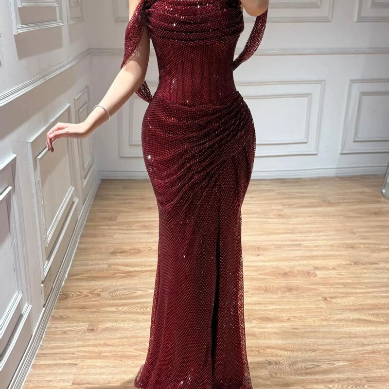 Aileen Sequin Off The Shoulder Burgundy Mermaid Evening | SAMAG