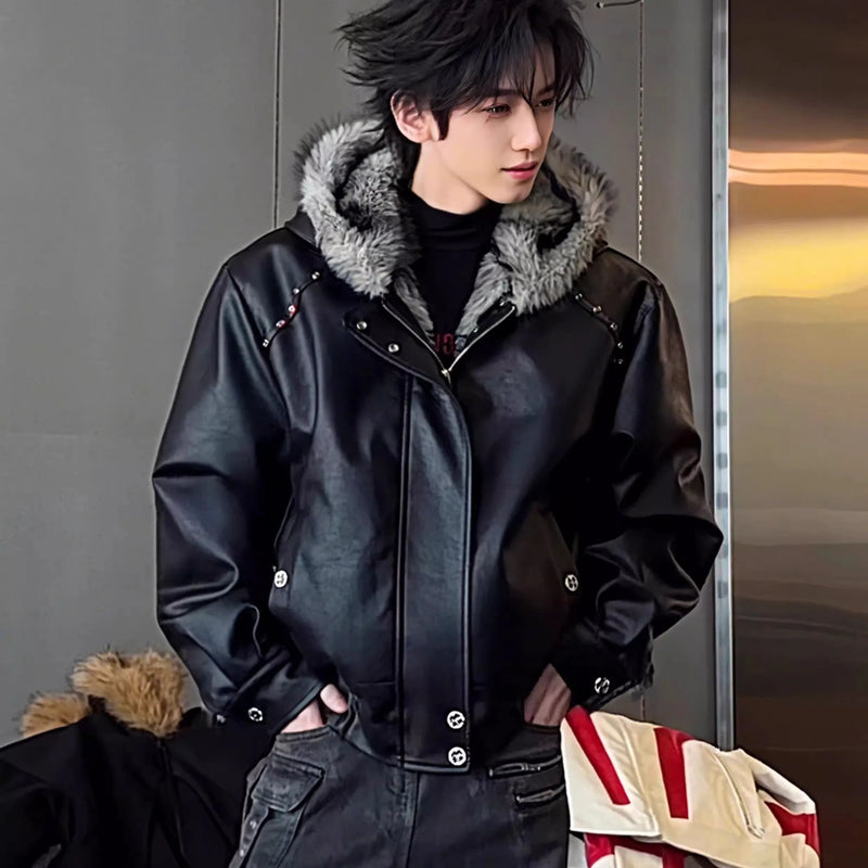 Good Quality PU Leather Faux Fur Leather Jacket Winter Coat Man Woman Vintage Casual Thicken Warm Leather Coat Outerwear