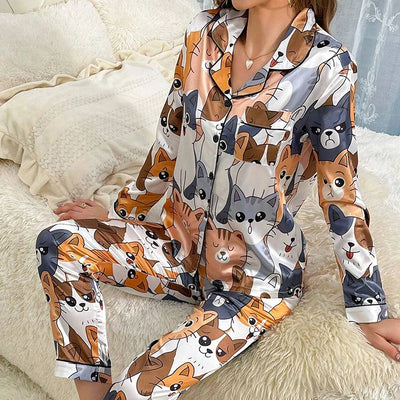 Cute Cat Print Pajama for Women Satin Long Sleeve Lapel | SAMAG