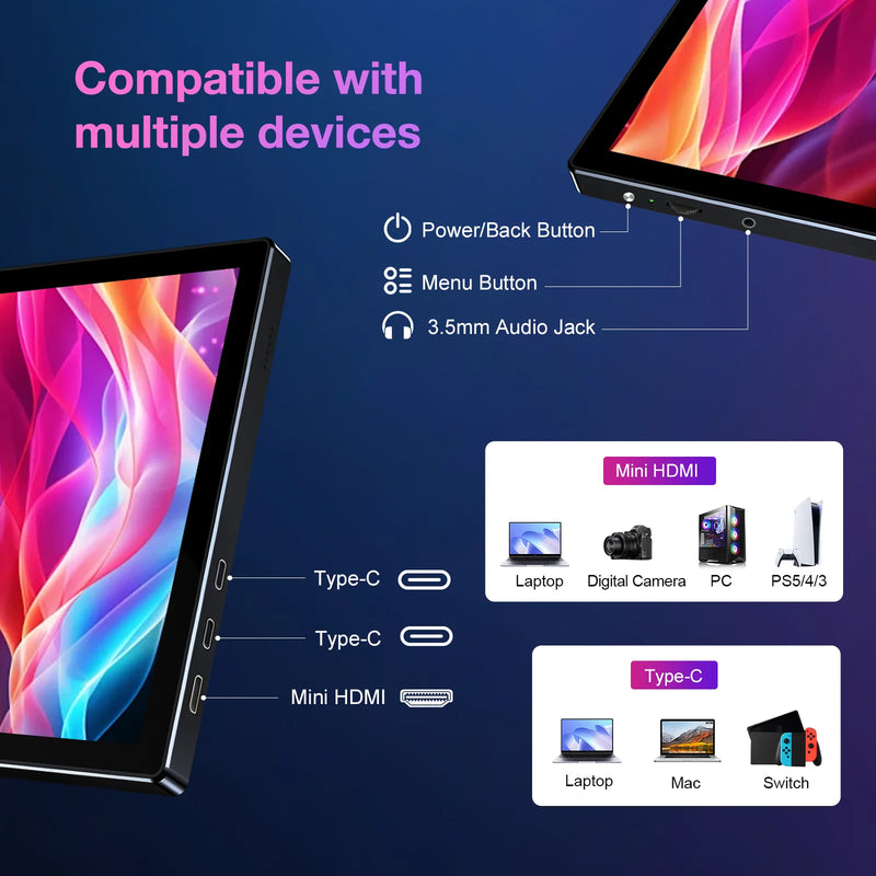 Unew 11 inch Portable Touch Monitor | 2.5K IPS, WQXGA, 350cd 92% NTSC USB-C/HDMI, VESA 75x75mm & Stand, For Mobile Phones Laptop