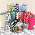 40Oz Stainless Steel Mug Coffee Cup Thermal Travel Car Auto Mugs Thermos Tumbler with Handle Chessboard  Chequer Fashion 1200ml