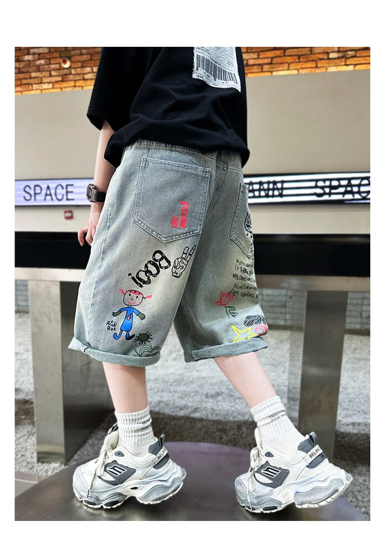 Kids Boys Graffiti Drawing Denim Shorts Elegant Children Casual Ripped Short Jeans Capris Pants 5 6 7 8 9 10 11 12 13 14 Year