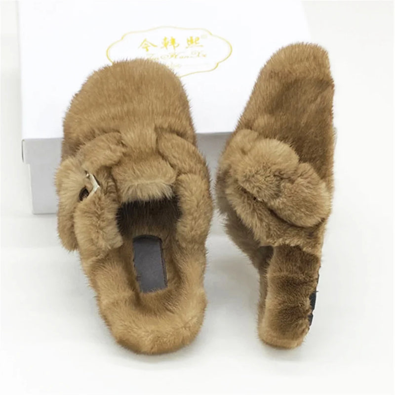 Mule Slippers Mink Fur Slides Comwarm Fashion Women Clogs Cork Insole Fur Slippers with Arch Support Outdoor Slides Home Shoes