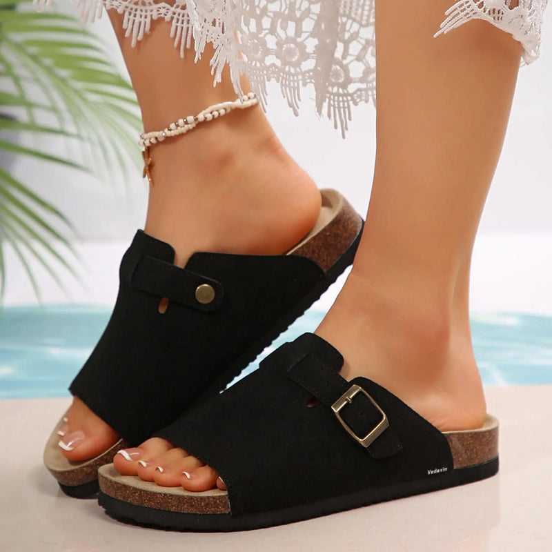 Women's Buckle Cork Slides Breathable Slippers Open Toe Suede Flat Sandals for Beach Wear