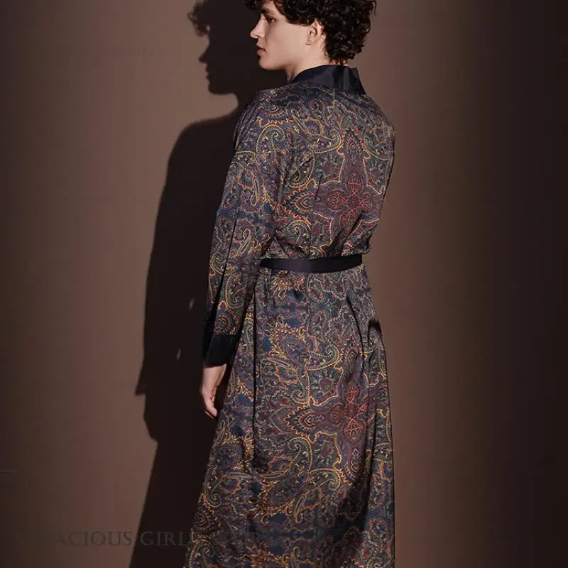 New Men's 3PCS Robe Sets Pajama Ice Silk Rayon Kimono Gown Bathrobe Loungewear Loose Print Home Clothes Nightwear Male Sleepwear