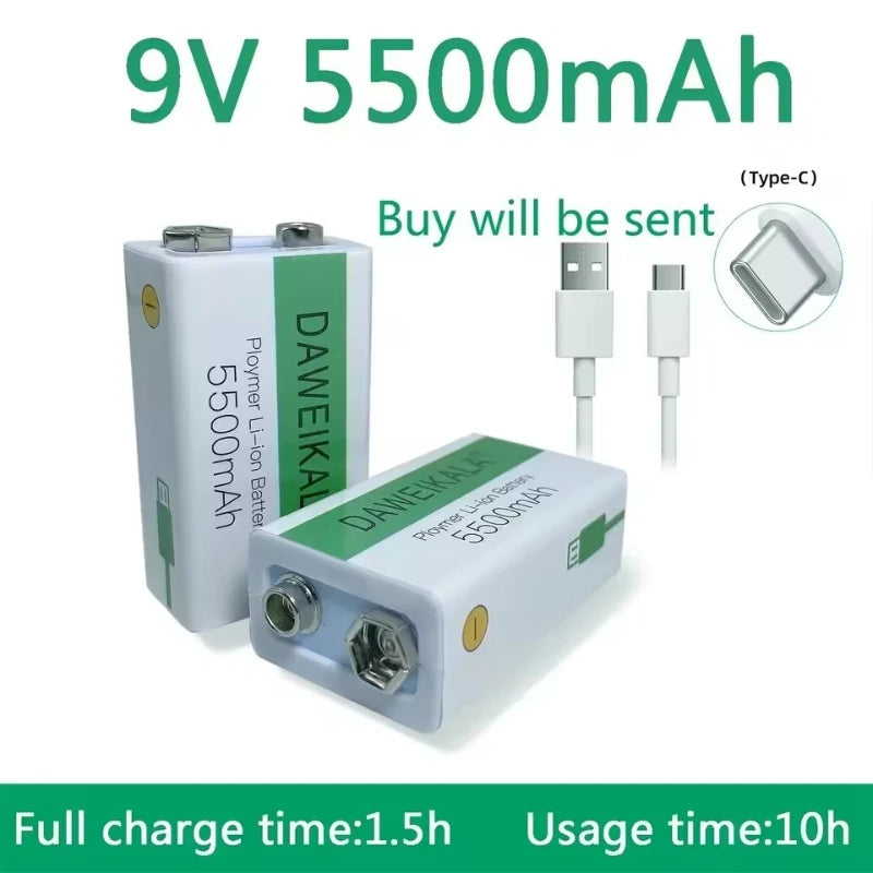9V 5500mAh 9V battery li-ion Rechargeable battery Micro USB Battery 9v lithium for Multimeter Microphone Toy +USB charging cable