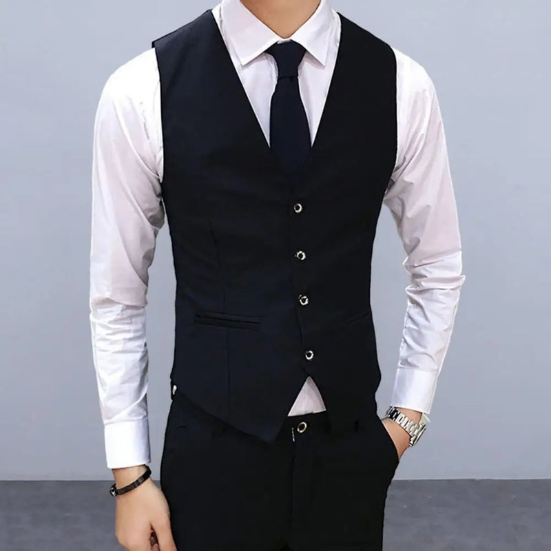 Fashion Men Vests Waistcoat Solid Color V Neck Sleeveless Buttons Blazer Plus Size Formal Business Jacket Vests Chaleco Hombre