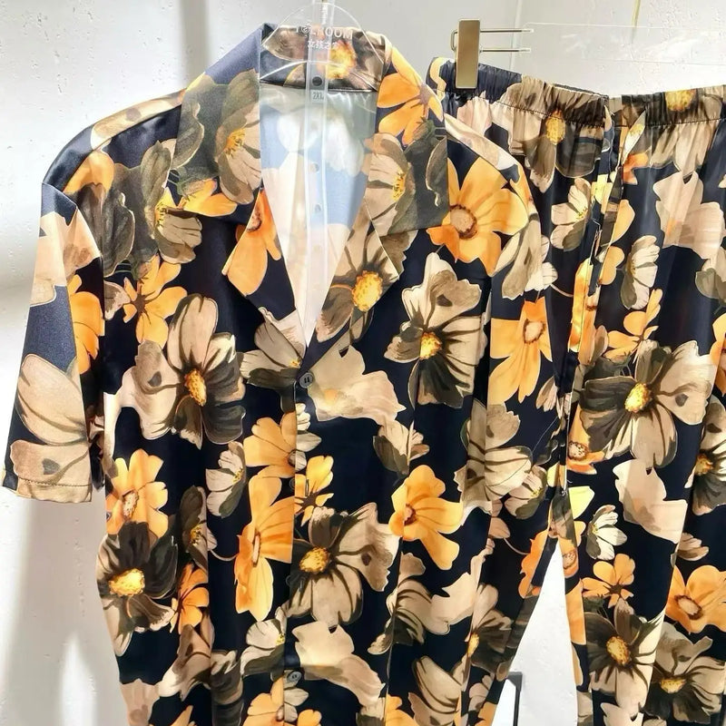 Men's Summer Ice Silk Hawaiian Floral Button-Up Short Sleeve Shirt Elastic Waistband Long Pants Comfy 2 Piece Set for Beach Suit