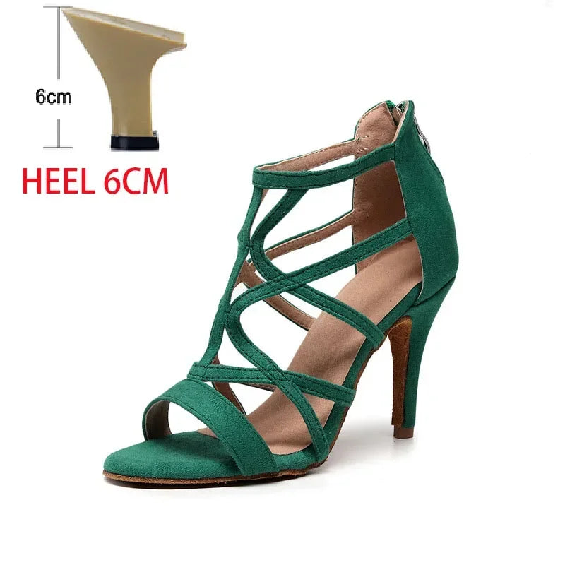 Adult Latin Dance Shoes for Woman Soft Sole Heel Sandal Female Cha Cha Tango Professonal Ballroom Training Stage Boots OEM Heel