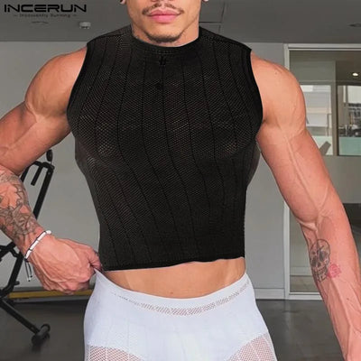 Men Tank Tops Mesh See Through O-neck Sleeveless Sexy | SAMAG