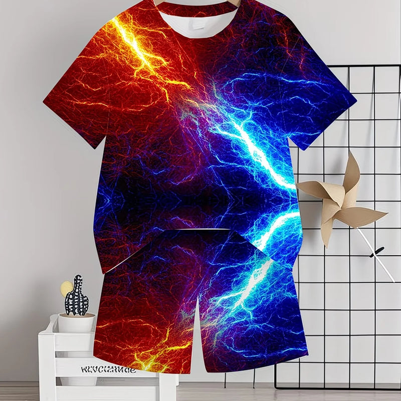 Summer Outfit Blue Flame Print Short Sleeve T - Shirt + Set - View 2 | SAMAG