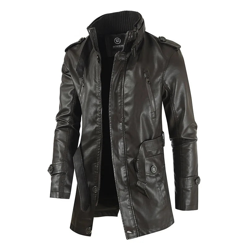 Autumn And Winter New Men's Medium And Long Leather Jacket Stand-up Collar Piled Thickened PU Leather Jacket