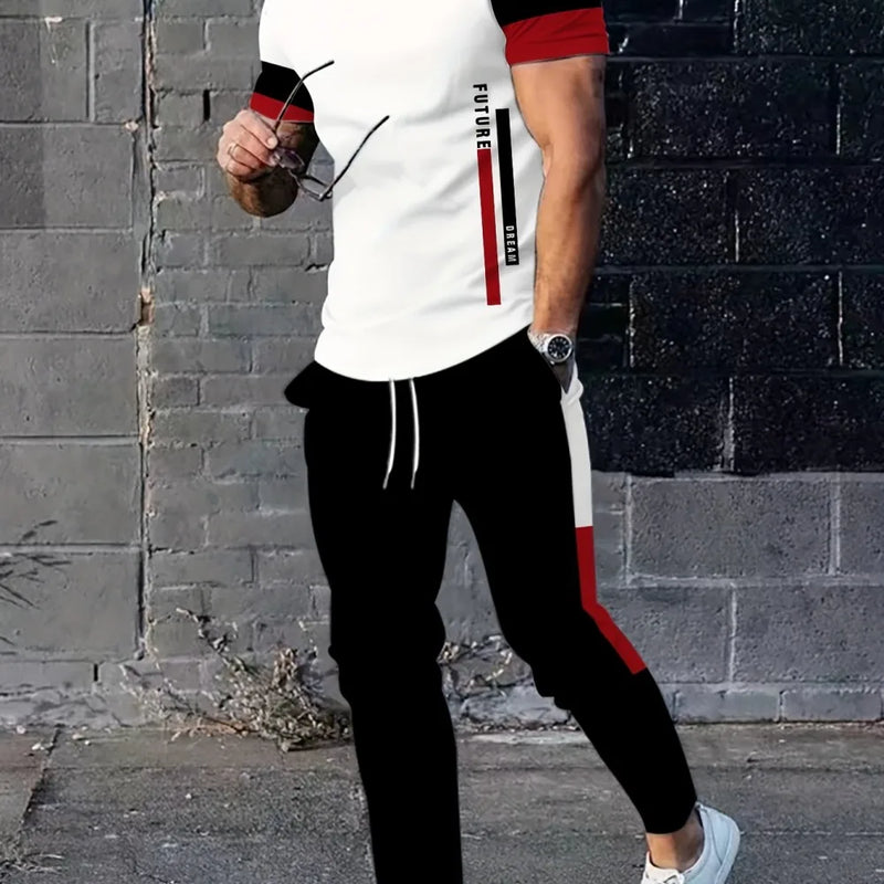 Men's summer new striped letter print refreshing and breathable round neck T - shirt pants set outdoor - View 2 | SAMAG