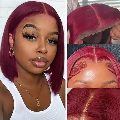 Burgundy Bob Wig 4C Hair Human Hair 13x5x1 Front Lace Straight Bob Wigs 99J Red Short Bob Wig Middle Part 100% Human Hair Wig