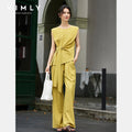 VIMLY Women's Yellow Two-piece Set 2026 Summer Round Neck Side Bow Tie Sleeveless Top Casual Fashion Wide Leg Long Pants A2370