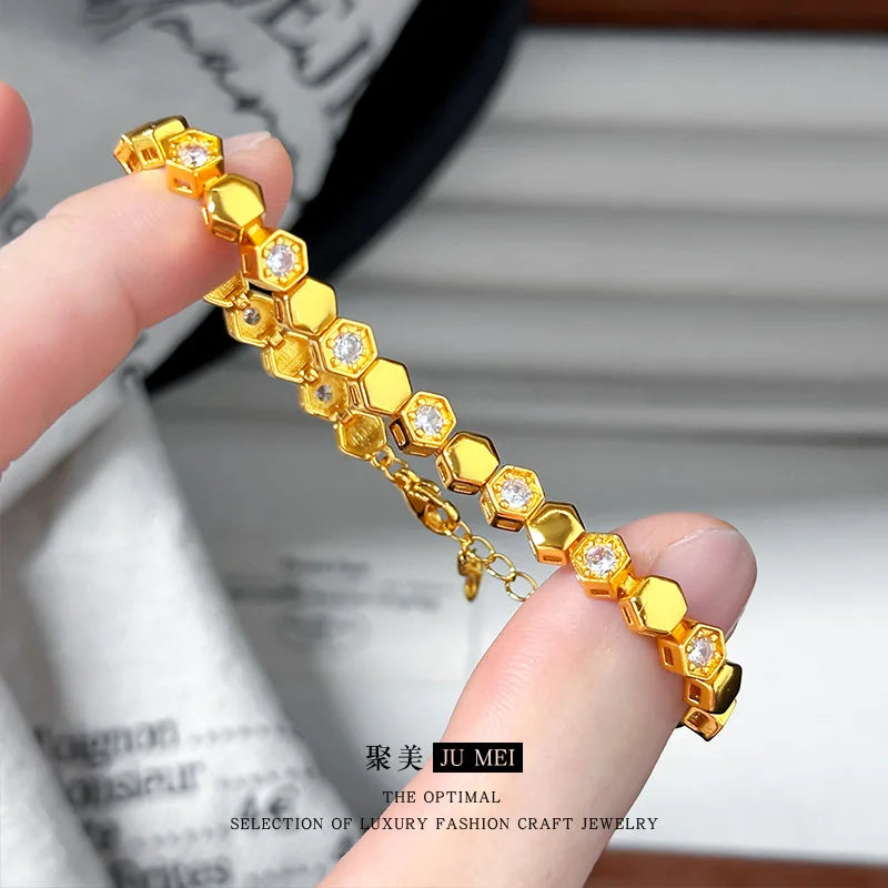 Gold Shop Same Style 9999 24K Real Gold Women's Gold Bracelet Diamond Honeycomb Design Girlfriend Party Beautiful Jewelry