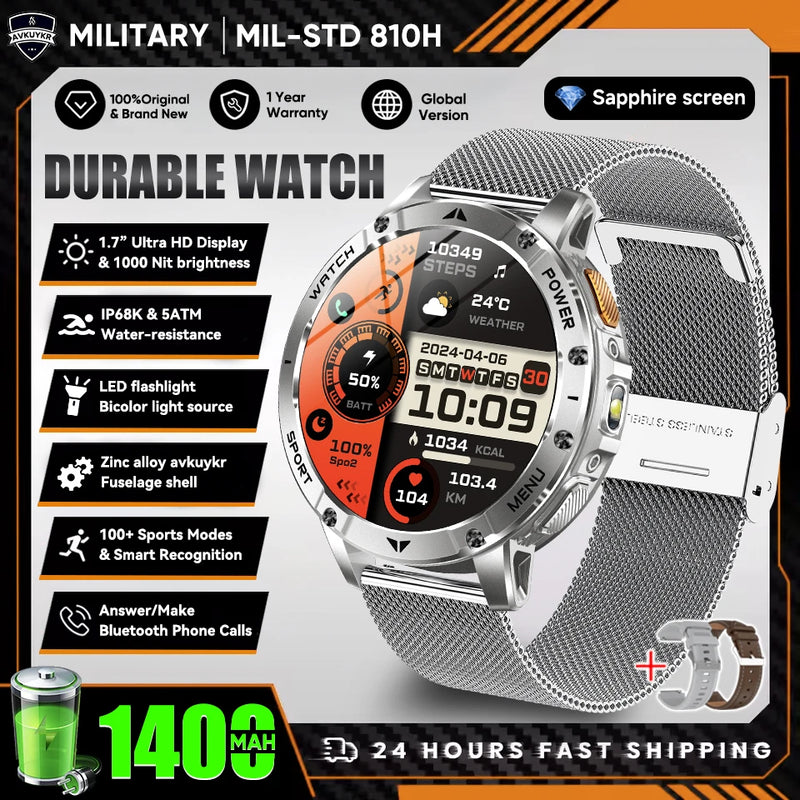 Military Grade Alloy Smartwatch 1400mAh Long Standby Waterproof SOS Emergency Flashlight BT Call Outdoor Sports Watch For Men