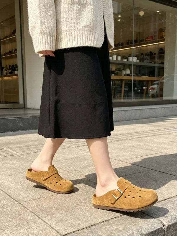 Women's Summer Breathable Hollow Out Clogs, Closed Toe Mule Slippers, Soft Sole Slip-On Shoes, Flat Sandals For Outdoor Wear