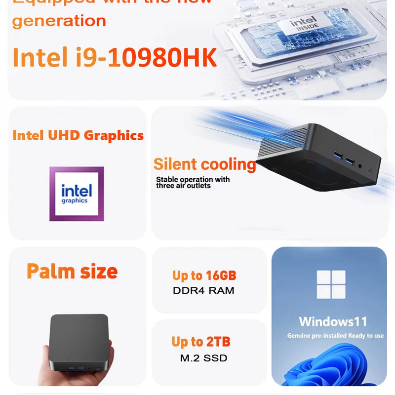 Brand New Mini PC Intel Core I9-10980HK 16GB RAM 1/2TB SSD Bluetooth 5.2 WiFi6 1000M Ethernet Windows 11 Gaming Office PC