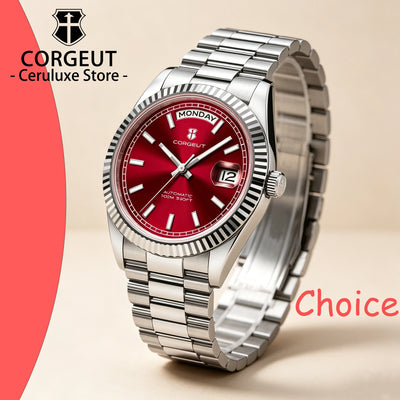 CORGEUT NH36 Mechanical Men's Watch Date of the Week Show President Chain Strap Steel Case Threaded Arc Bezel Waterp | SAMAG