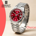 CORGEUT NH36 Mechanical Men's Watch Date of the Week Show President Chain Strap Steel Case Watch Threaded Arc Bezel Waterp