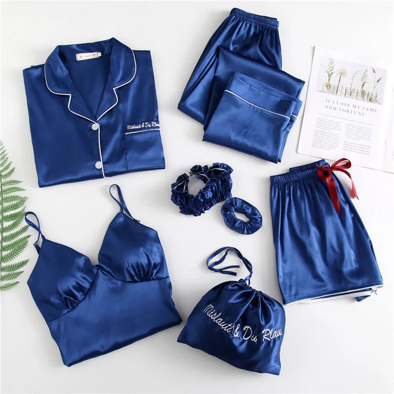 Spring Autumn 7 Pieces Set Silk Elegant Women Pajamas Print Shorts Long Sleeve Top Elastic Waist Pants Lounge Sleepwear