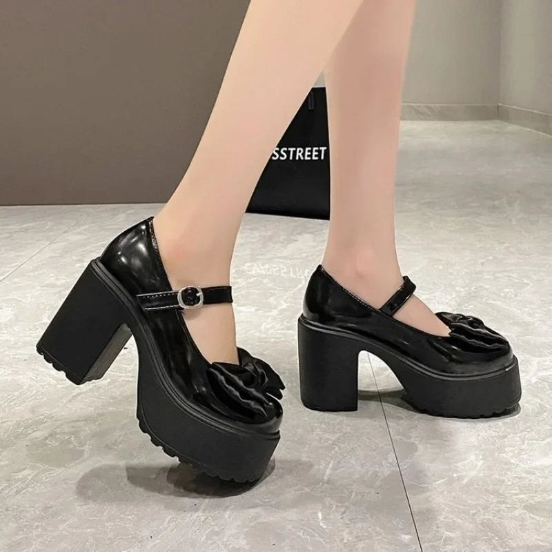 White Round Toe Platform High Heels Women Mary Jane Shoes Retro Bows Elegant Chunky Heel Women's Wedding Shoes