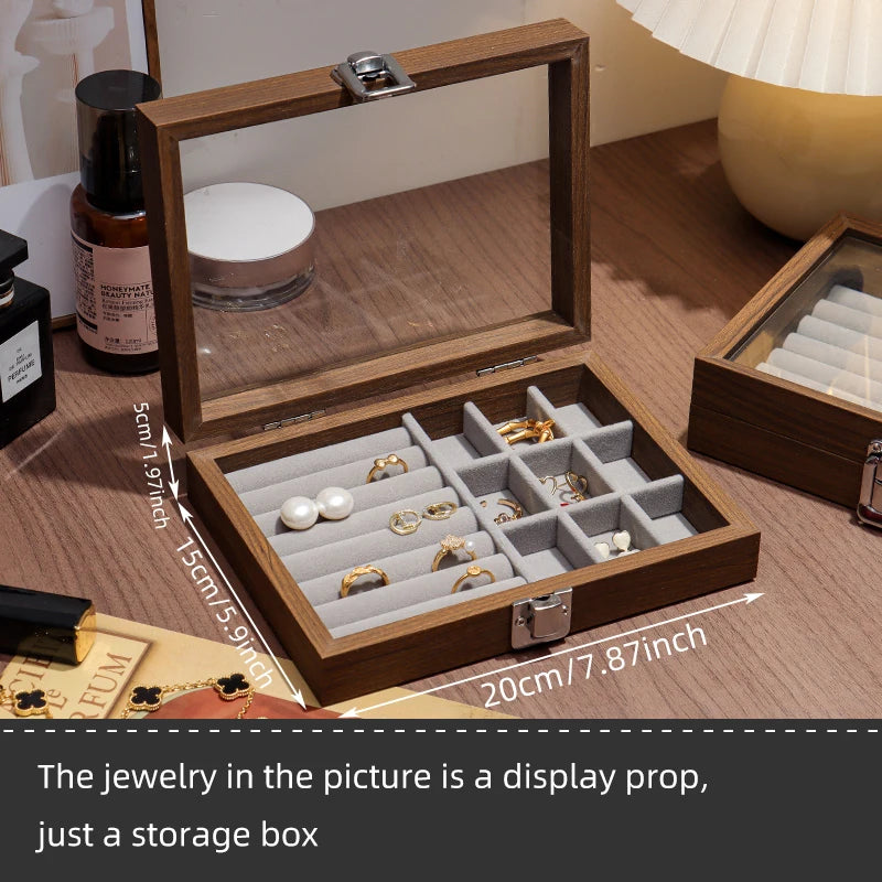 Walnut wood color jewelry box; exquisite wooden ring box, earrings, studs, necklace, trinkets multi-compartment storage box
