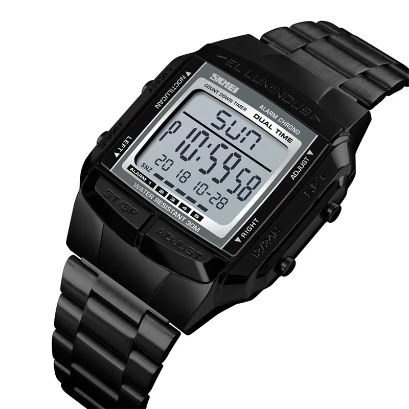 Skmei Men's Digital Sport's Watches Stainless Steel Strap 5 Alarm Clock Waterproof Led Chronograph Fashion Male Dual Time