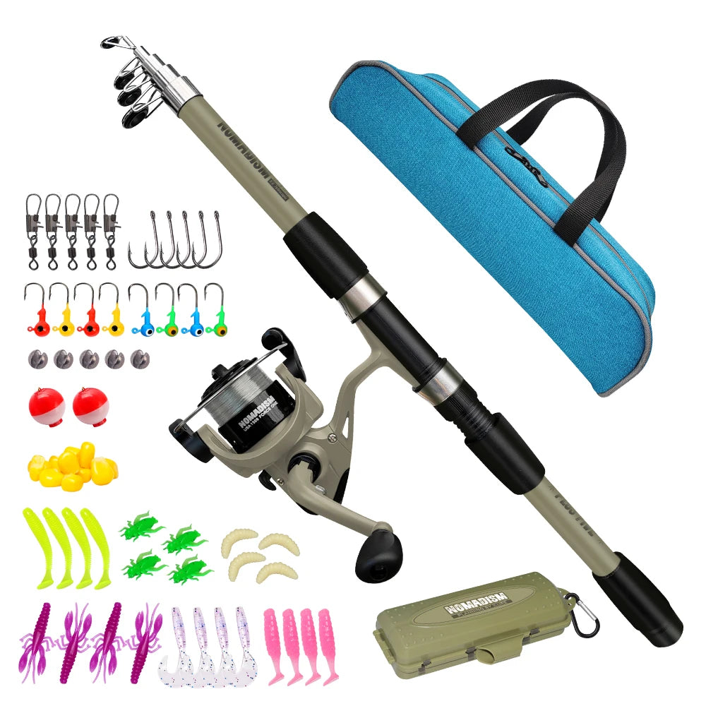New 1.65mTelescopic Fishing Rod And Spinning Reel Kit with Baits Hooks Travel Pole Set Bait Hook Tackle Set for Outdoor Sports