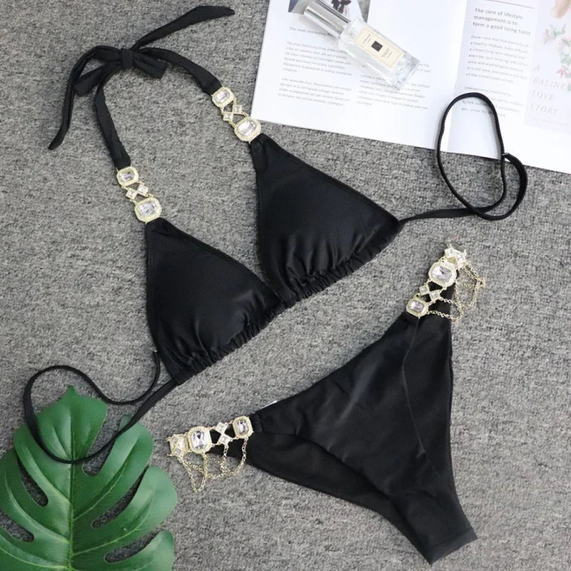 Halter Metal Chains Rhinestone Diamond Bikini Women | SAMAG