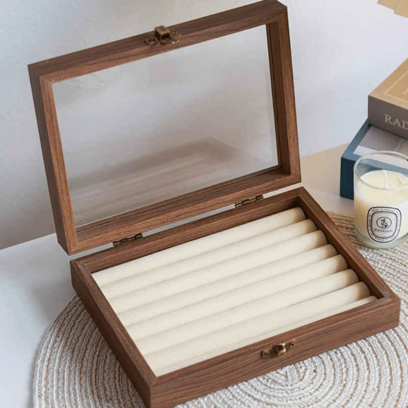 Retro Elegant Wood Jewelry Box Glass Lid Dust-proof Jewelry Organizer Velvet Storage Box Ring Display Holder Desk