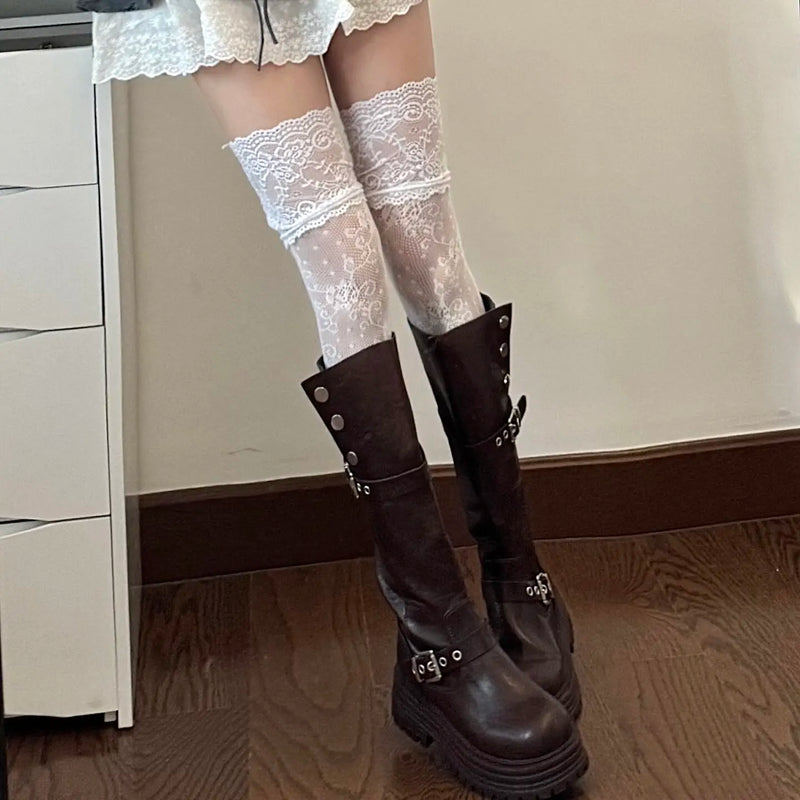 Women's Lace Fishnets Stockings Sexy JK Lolita Over The Knee Socks Autumn/Summer Retro Thigh Highs Tights Breathable Fishnets