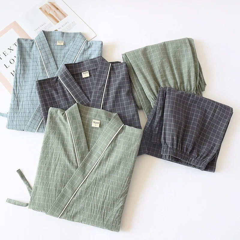 Japanese-style Kimono, Cotton Gauze, Spring And Autumn Men's Plaid Nightgown Two-piece Home Service Yukata Lace-up Pajama Set