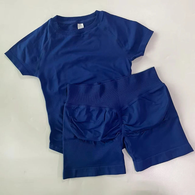 1-2 Pieces Sports Sets Short Sleeve Seamless Yoga Top Gym Suit T-shirt Set Fitness Set Women Workout Running Sports Shorts