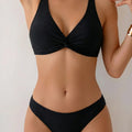 Black Twist Front Bikini Set Women V Neck Two Piece | SAMAG
