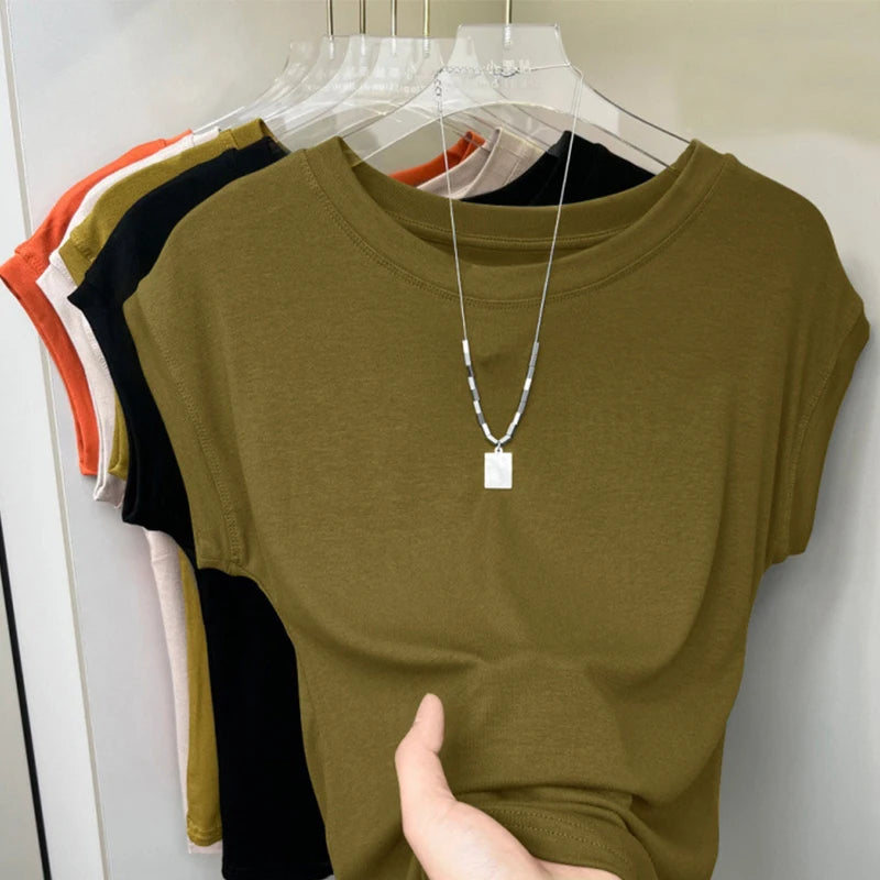1pcs Women T Shirt Summer Sleeveless Round Neck Breathable Loose Leisure Tops Comfort Lady Basic Tee Solid Female Ice Silk Vests