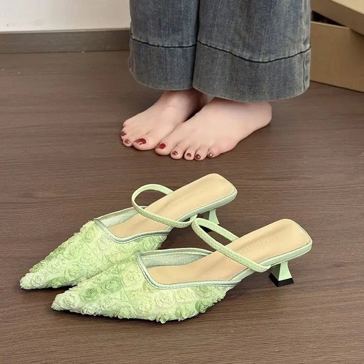 Aphixta 2026 New Fashion Women's Pink Floral Mules Pointed Toe Low Heel Slippers Elegant Summer Dress Shoes for Ladies