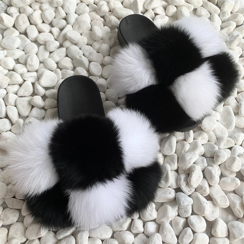 Fur Slides Factory Supply Mixed Color Pom Pom Six Balls Fox Fur Multi-Color Fluffy Fur Slippers For Women
