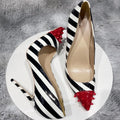 Black and white striped patent leather color blocked rivet pointed thin heel shallow mouth sexy super high heels single shoe