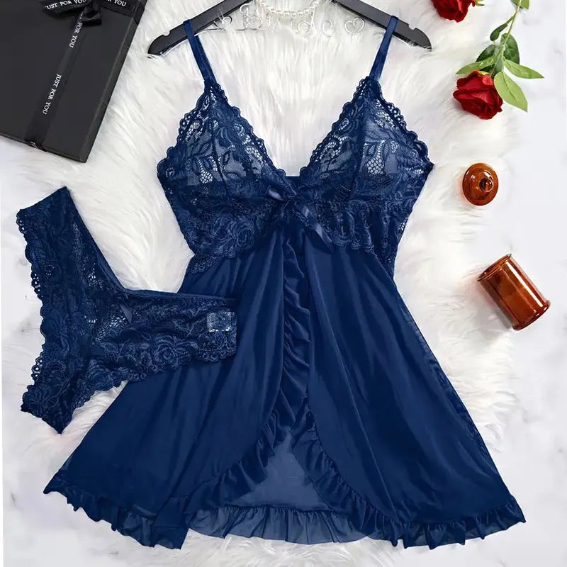 Lace G-string Set Women Lingerie Pajama Kit Transparent Crotchless Dress Mini Underpants Nightwear Set Big Size Female Underwear
