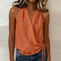 New Summer Women Sleeveless T-Shirts Blue V Neck Lace Up Vest Women Tank Tops Female Casual T Shirts Loose Tee Pullovers