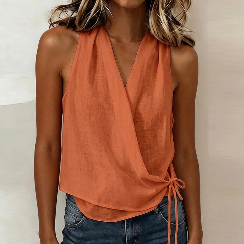 New Summer Women Sleeveless T-Shirts Blue V Neck Lace Up Vest Women Tank Tops Female Casual T Shirts Loose Tee Pullovers