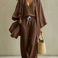 Women Fashion 3-Piece Set Open Front Cardigan Wide Sleeves Matching V-Neck Vest Drawstring Waist Wide Leg Pants Casual Outfit