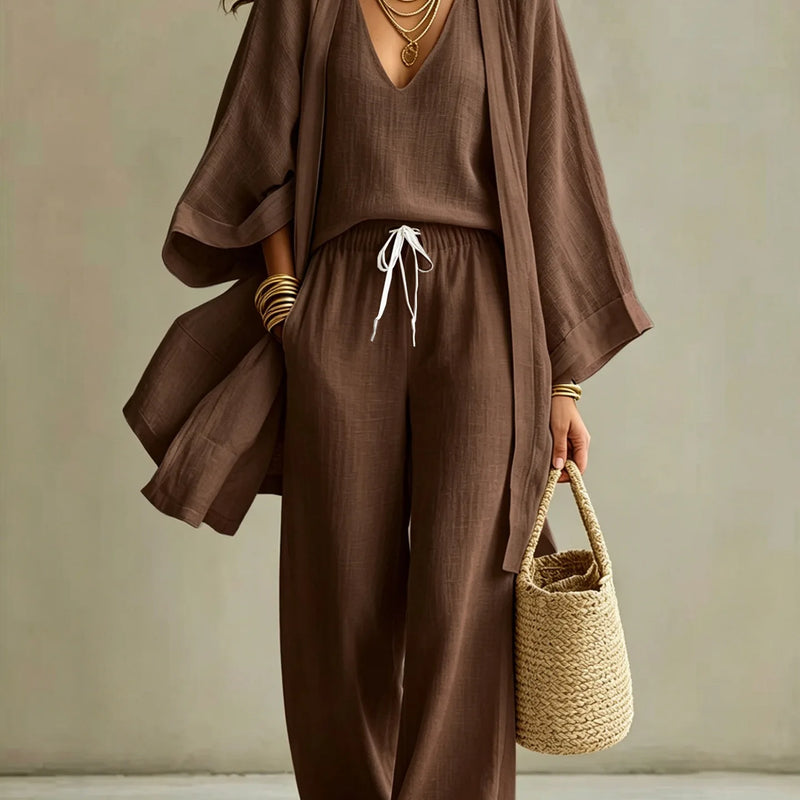 Women Fashion 3-Piece Set Open Front Cardigan Wide Sleeves Matching V-Neck Vest Drawstring Waist Wide Leg Pants Casual Outfit