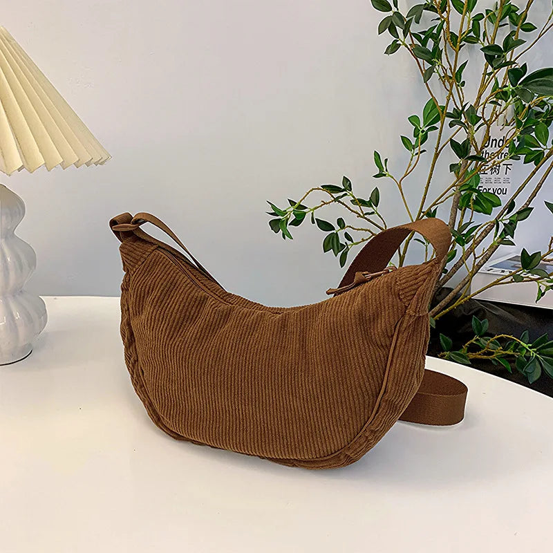 Solid Color Corduroy Women's Hobos Shoulder Bag Retro Casual Female Crossbody Bags Ladies Daily Travel Handbags Messenger Bag